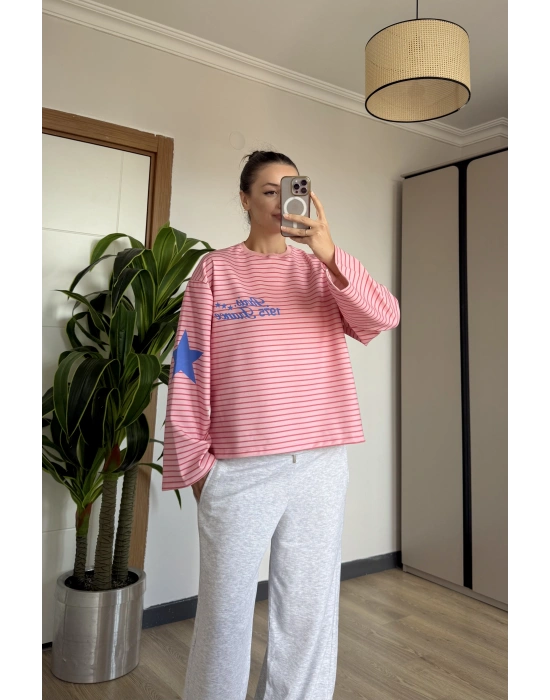 Pembe Yıldızlı Viral Çizgili Bluz