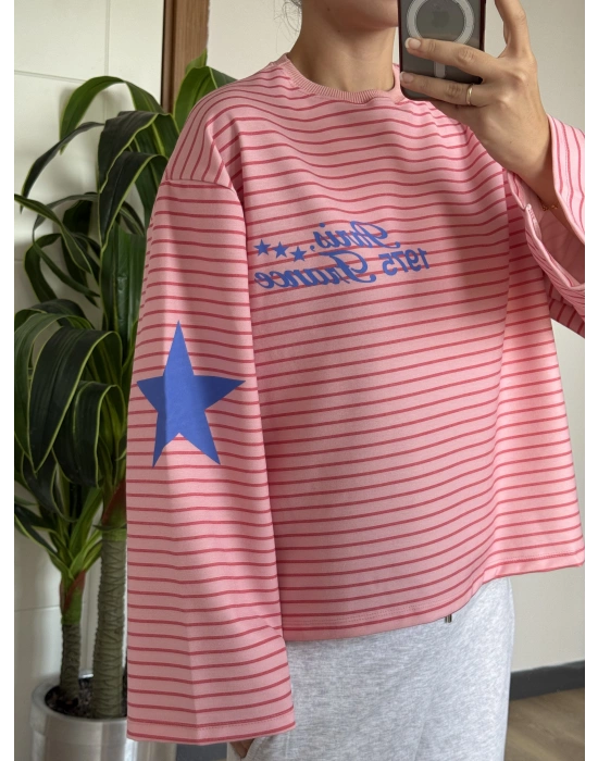 Pembe Yıldızlı Viral Çizgili Bluz