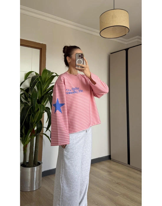 Pembe Yıldızlı Viral Çizgili Bluz
