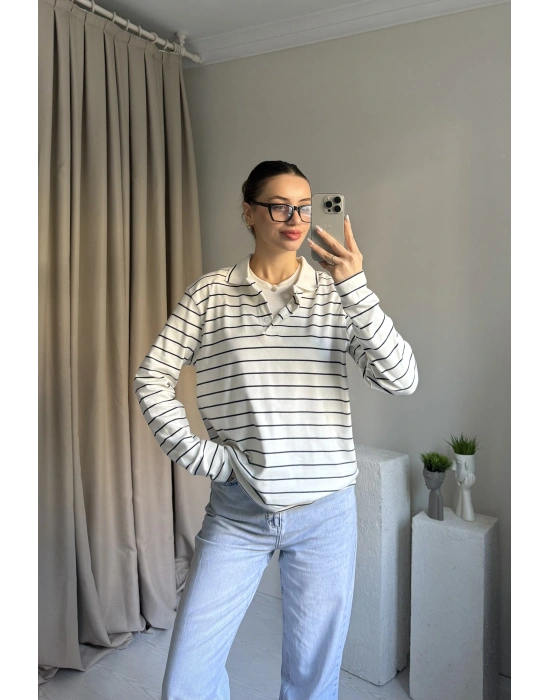 Polo Yaka Çizgili Pamuklu Bluz