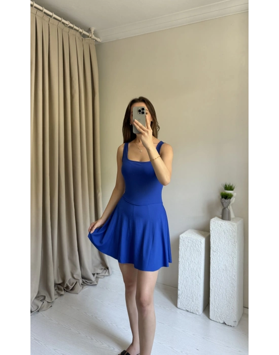 Saks Mavisi İçi Şortlu Cepli Elbise - Mayo