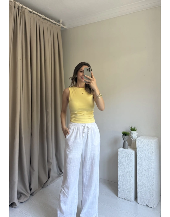 Sarı Kolsuz Yan Büzgülü Bluz