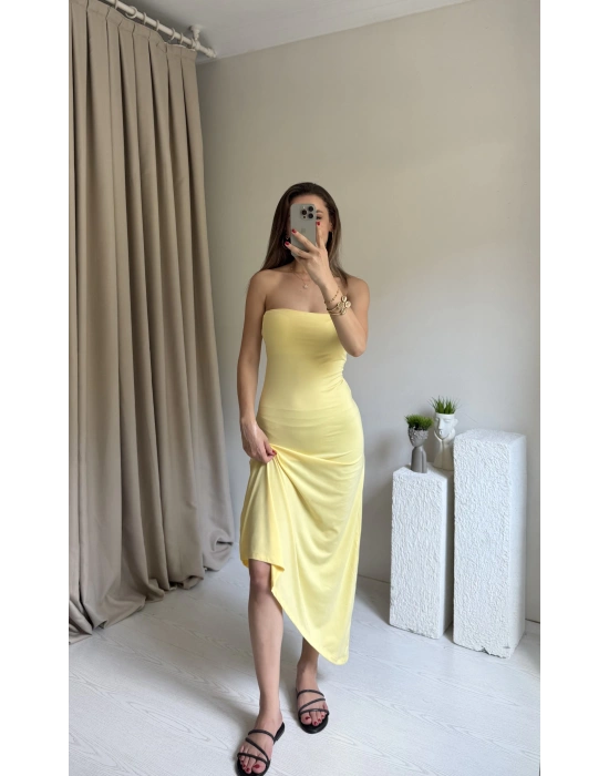 Sarı Straplez Asimetrik Kesim Elbise