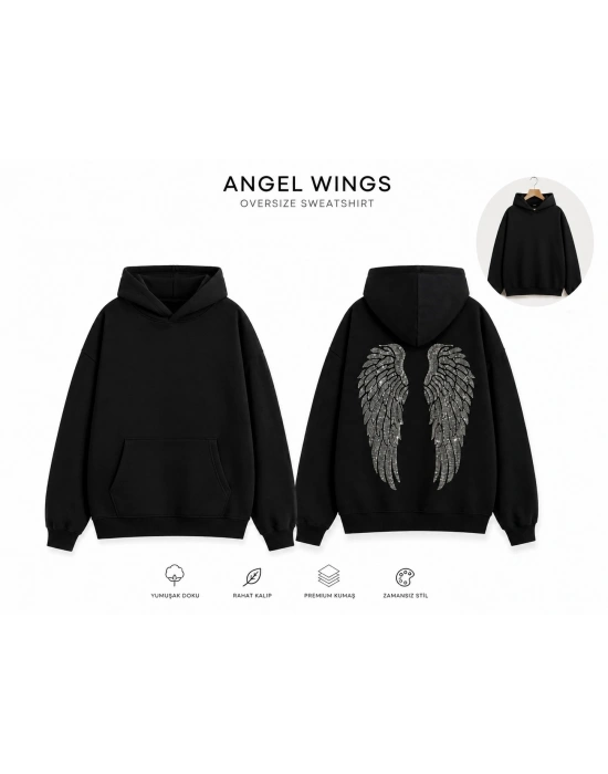 Siyah Angel Taşlı Sweatshirt