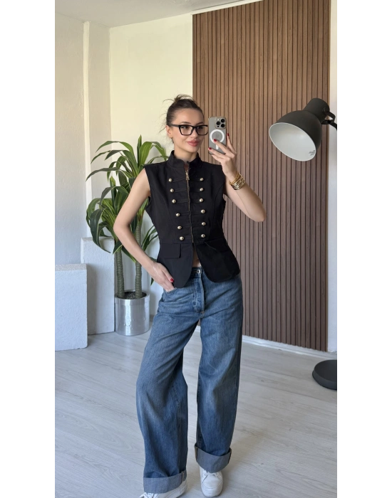 Siyah Apoletli Denim Yelek