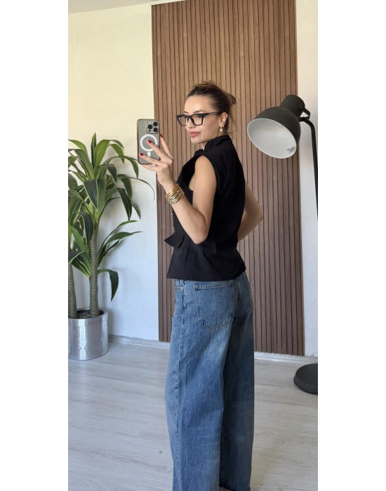 Siyah Apoletli Denim Yelek