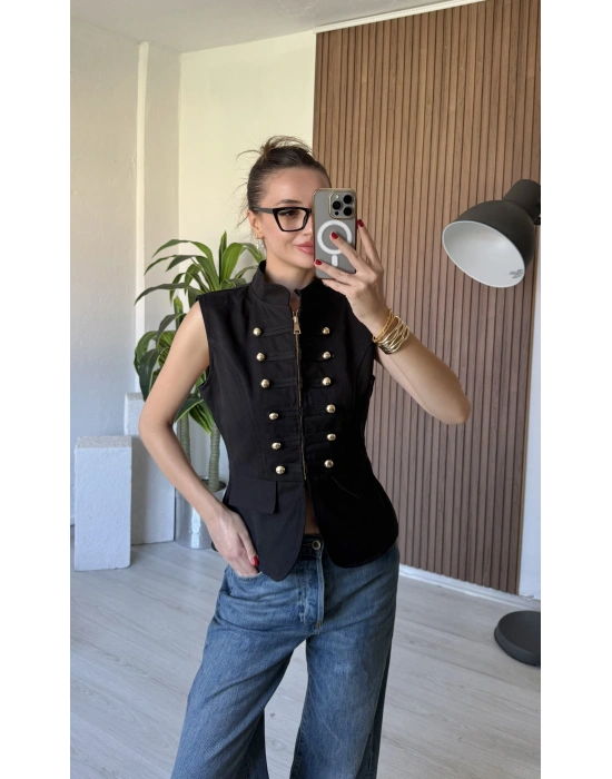 Siyah Apoletli Denim Yelek