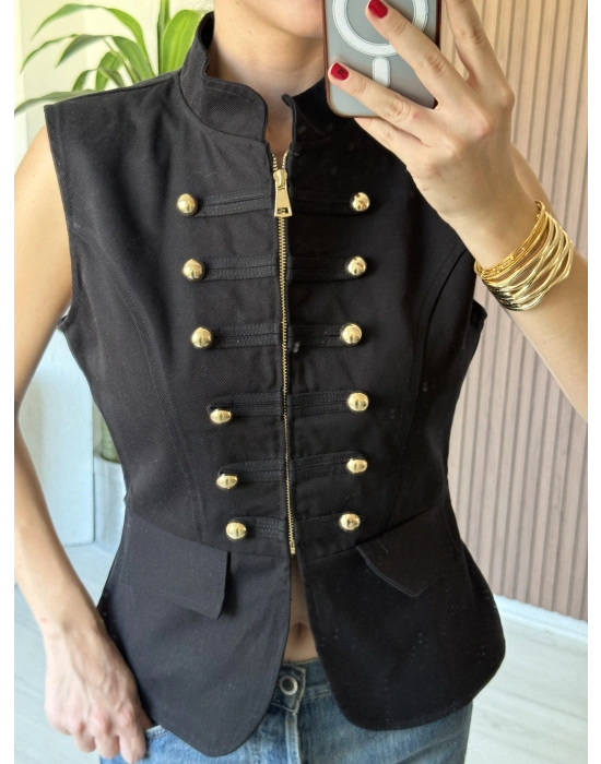 Siyah Apoletli Denim Yelek