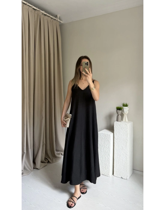 Siyah Askılı Keten Elbise