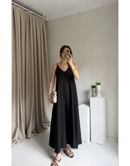 Siyah Askılı Keten Elbise
