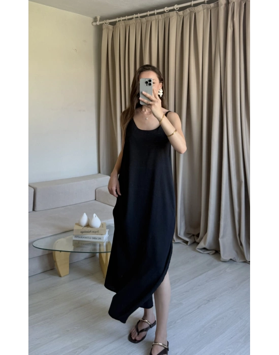 Siyah Ayrobin Maxi Boy Askılı Elbise