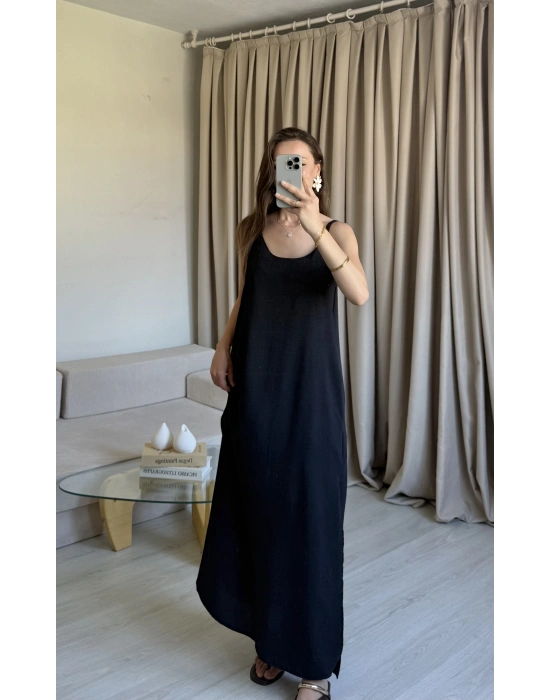 Siyah Ayrobin Maxi Boy Askılı Elbise