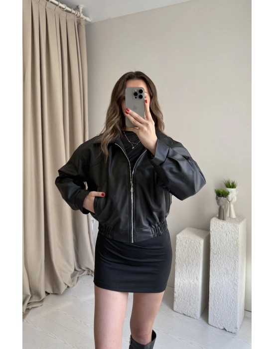 Siyah Beli Lastikli Deri Ceket