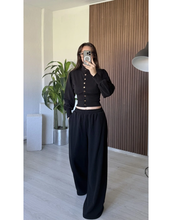 Siyah Çıtçıtlı Bel Detay Takım