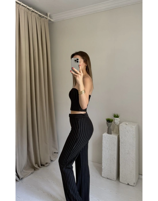 Siyah Çizgili Straplez Pantolon Takım