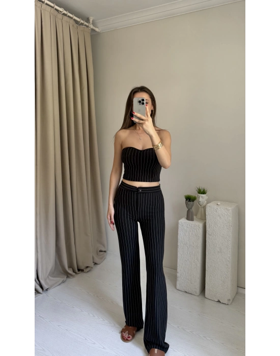 Siyah Çizgili Straplez Pantolon Takım