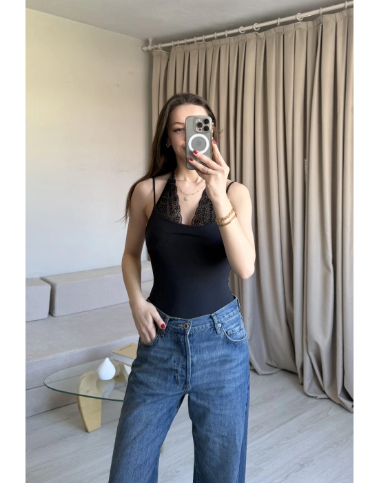 Siyah Dantel Kombineli Bodysuit