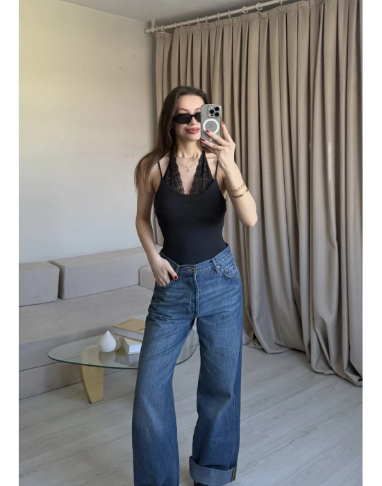 Siyah Dantel Kombineli Bodysuit