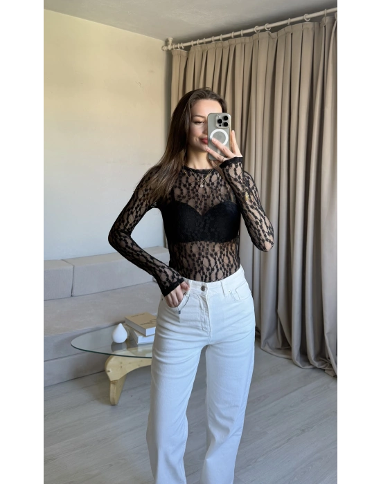 Siyah Dantelli Bodysuit