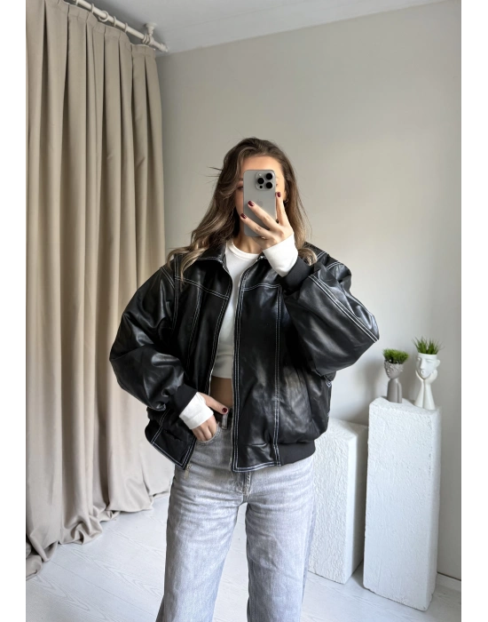 Siyah Dikiş Detaylı Premium Deri Ceket