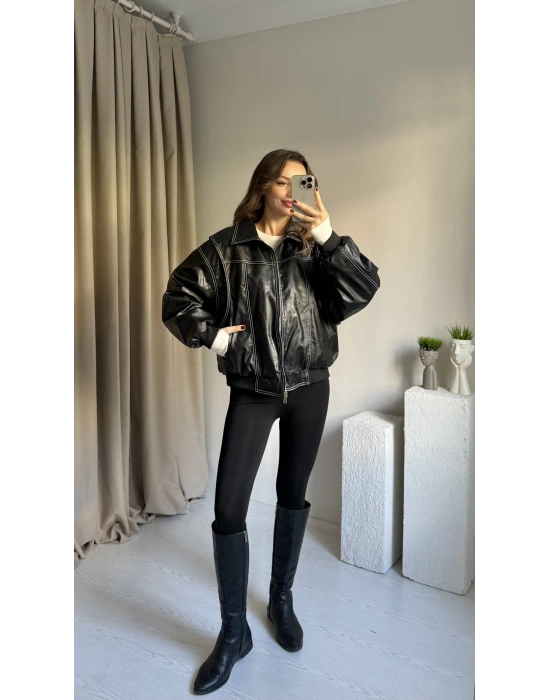 Siyah Dikiş Detaylı Premium Deri Ceket