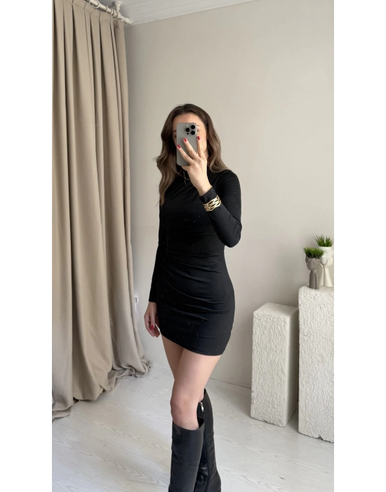 Siyah Drape Detaylı Mini Elbise