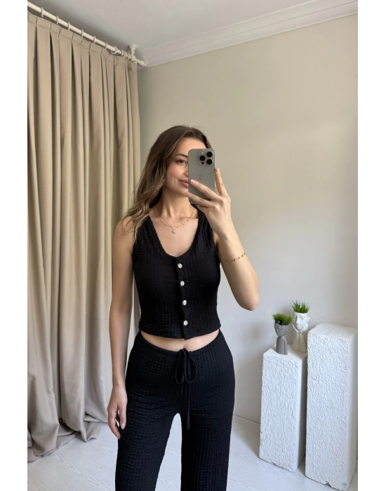 Siyah Düğmeli Pantolon Yelek Takım
