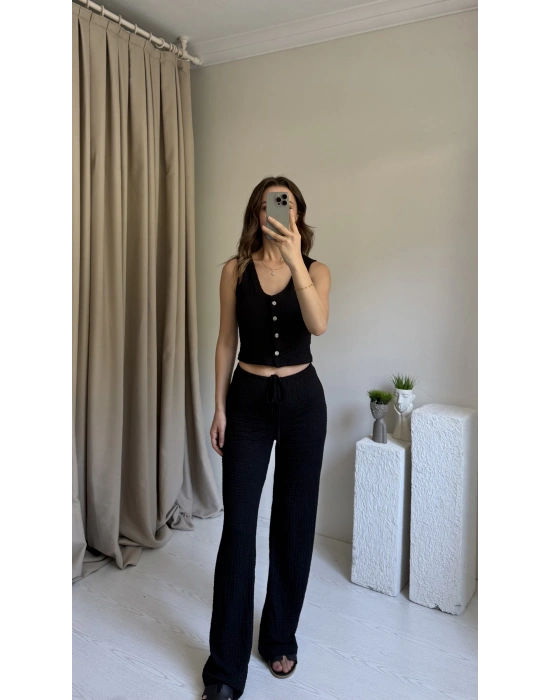Siyah Düğmeli Pantolon Yelek Takım