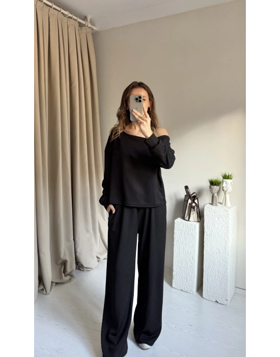Siyah Düşük Omuz Eşofman Takımı
