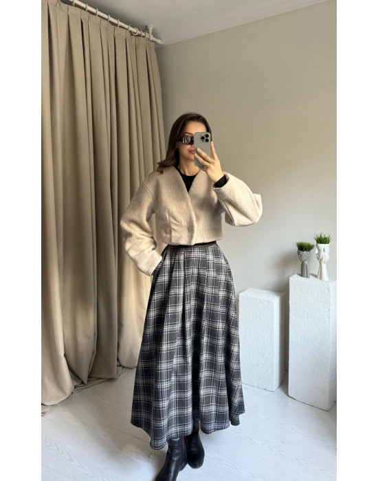 Siyah Ekose Deri Detaylı Etek