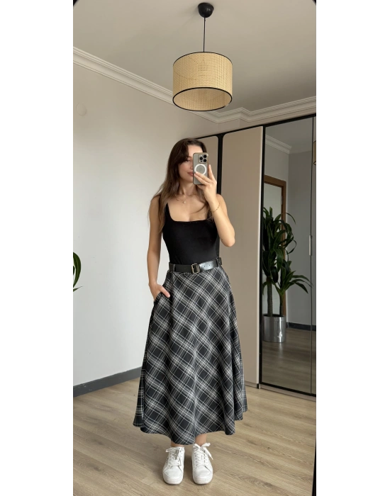 Siyah Ekose Kemerli Etek