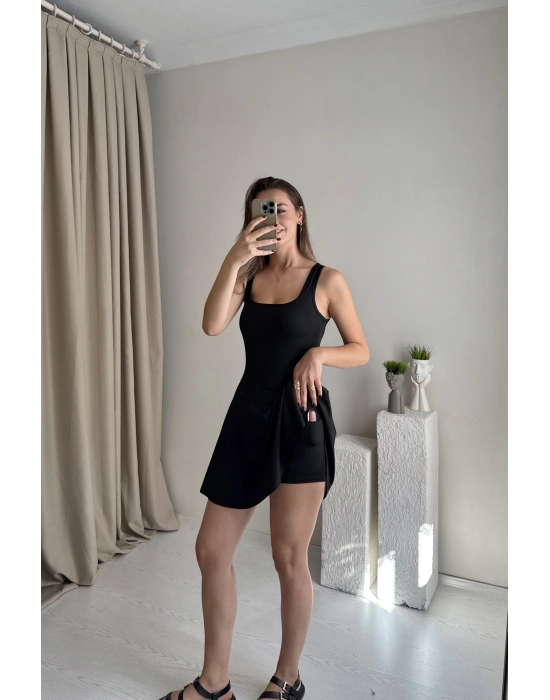 Siyah İçi Şortlu Cepli Elbise - Mayo