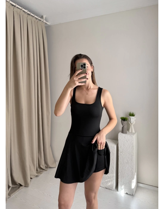 Siyah İçi Şortlu Cepli Elbise - Mayo