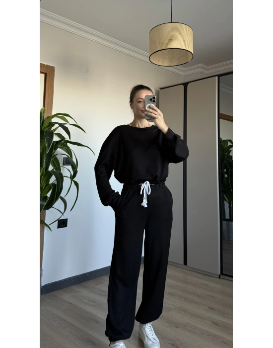 Siyah İp Detay Eşofman Takımı