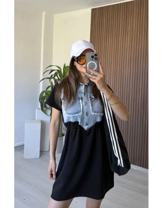 Siyah Jean Detaylı Elbise