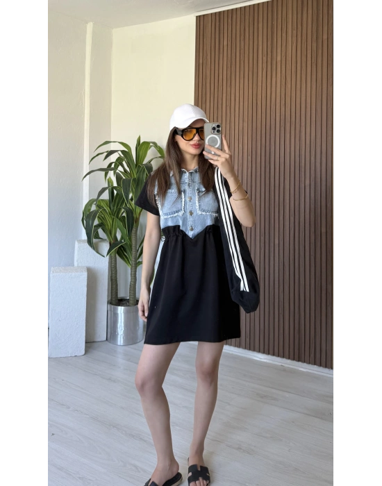 Siyah Jean Detaylı Elbise