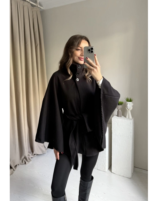Siyah Kaşe Dik Yaka Panço