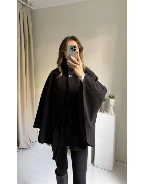 Siyah Kaşe Dik Yaka Panço