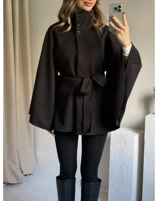 Siyah Kaşe Dik Yaka Panço