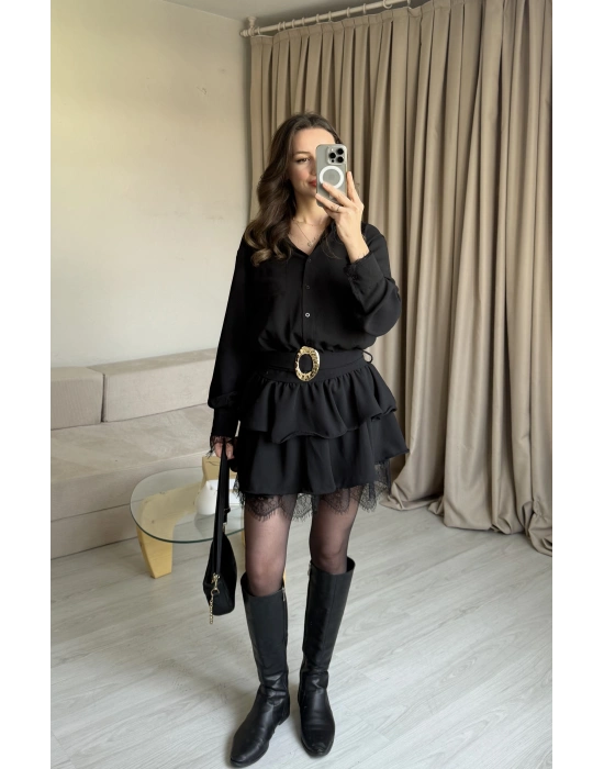 Siyah Kemerli Dantel Elbise