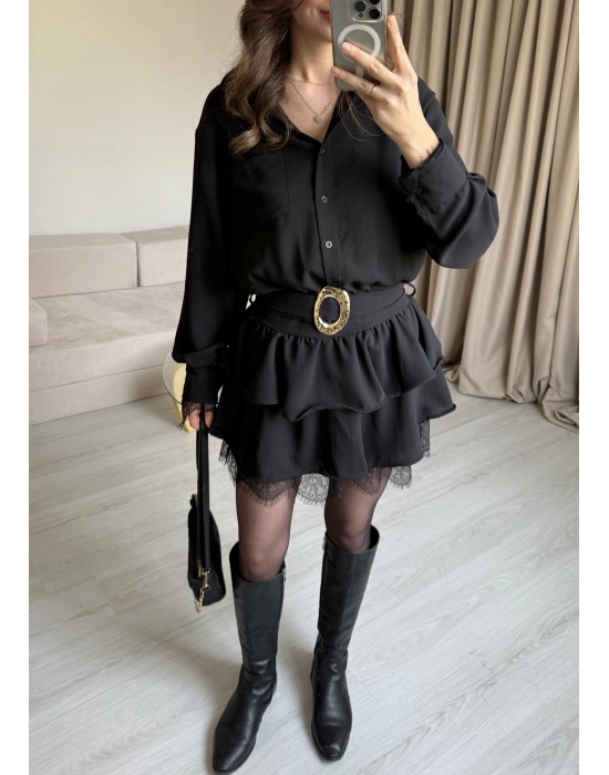 Siyah Kemerli Dantel Elbise