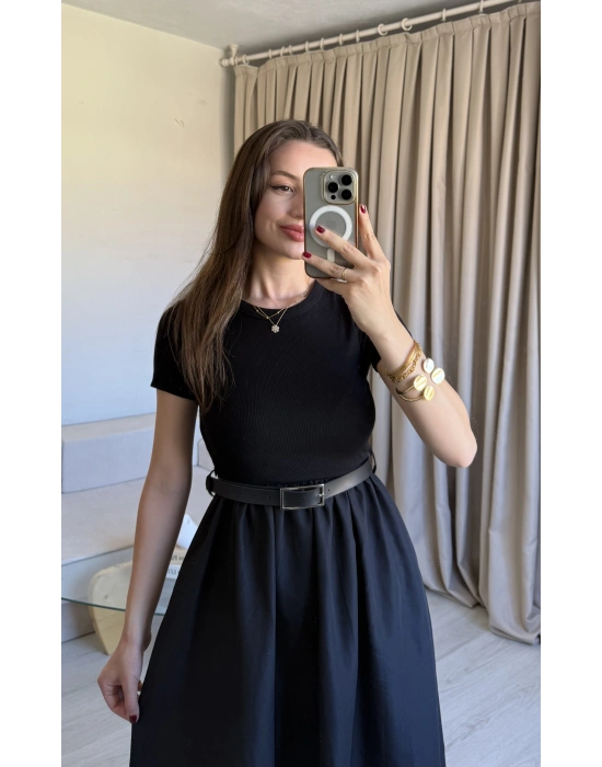 Siyah Kısa Kollu Kaşkorse Elbise