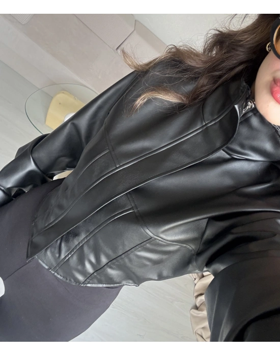 Siyah Korse Kesim Deri Ceket