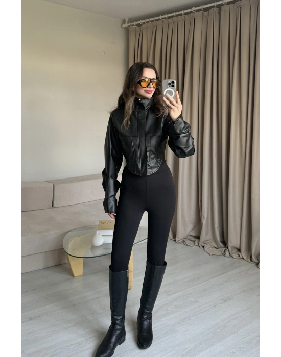 Siyah Korse Kesim Deri Ceket