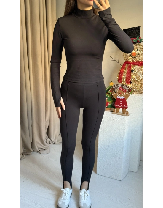 Siyah Lastik Geçirmeli Vatkalı Tayt Takım