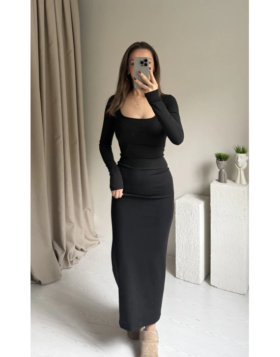 Siyah Maxi Boy Fitilli Elbise