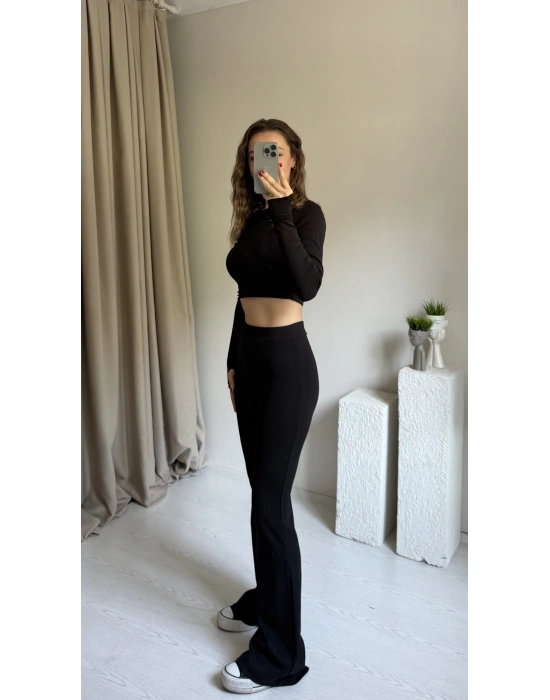 Siyah Modal Parmak Geçirmeli Tayt Takım
