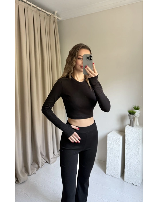 Siyah Modal Parmak Geçirmeli Tayt Takım