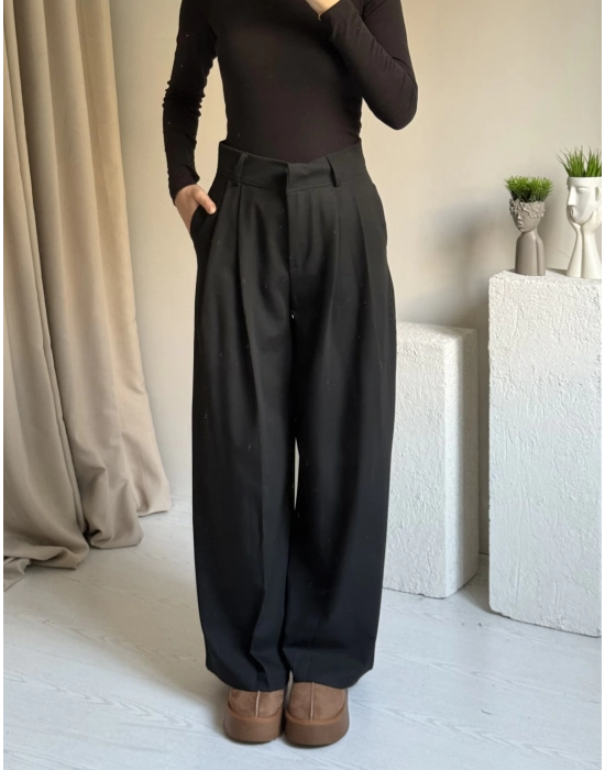 Siyah Muadil Çift Pileli Pantolon