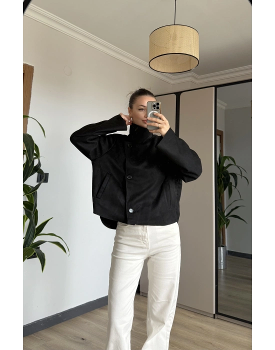 Siyah Süet Dik Yaka Trençkot